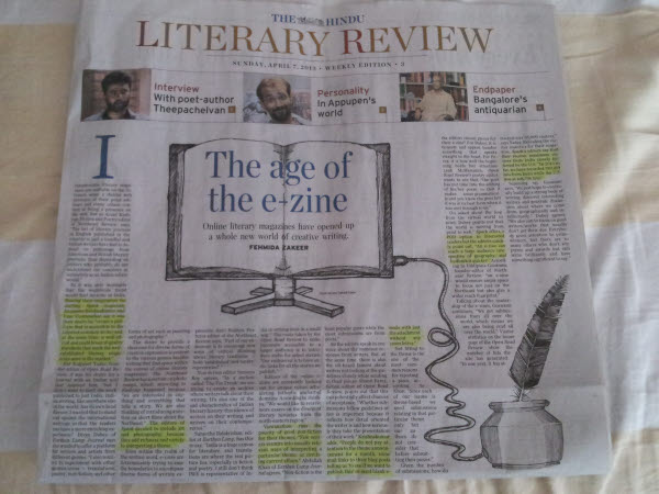 Spark and its editors featured in an article on Indian e-zines in The Hindu Literary Review dated 07 April 2013.
